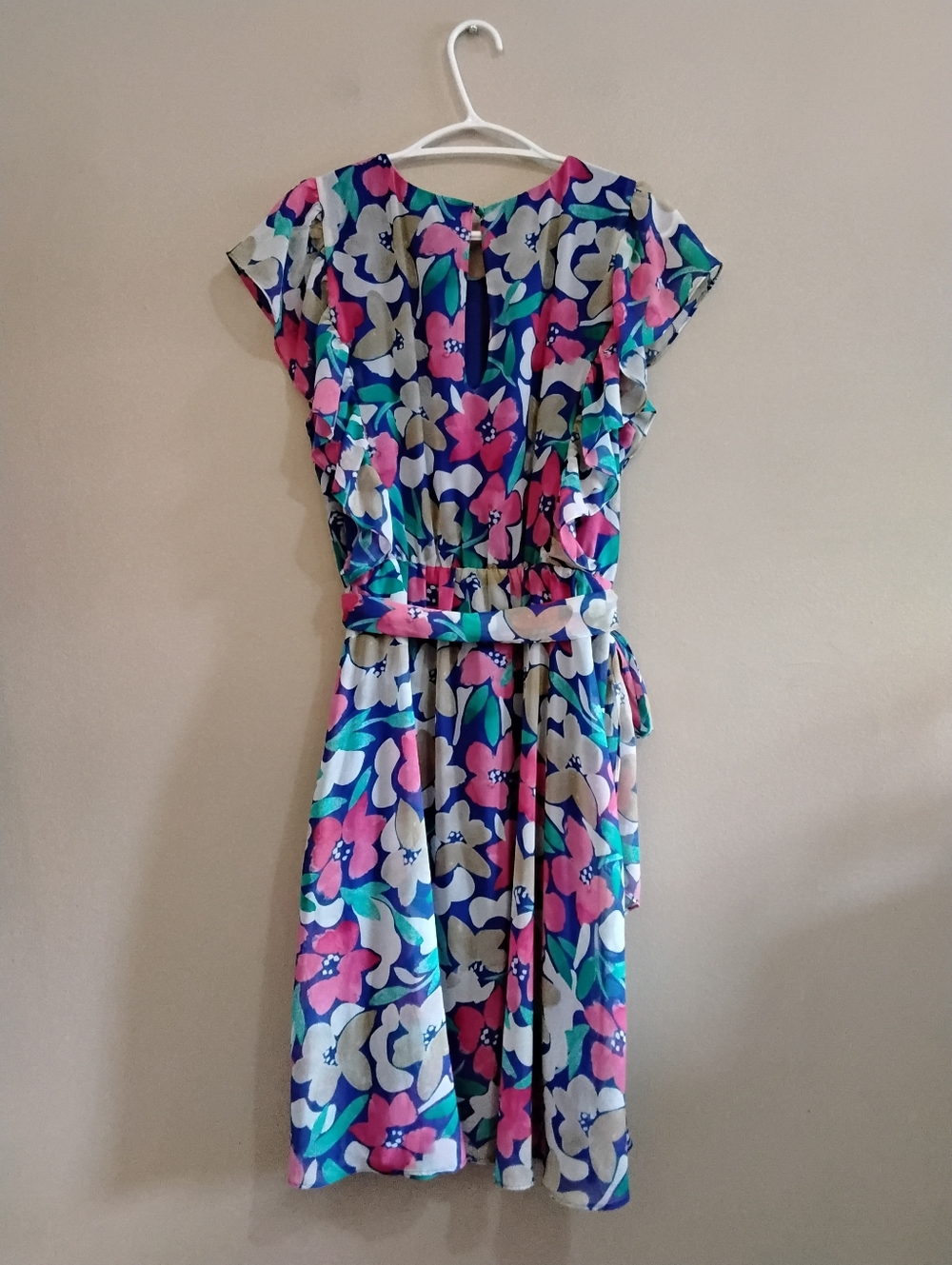 Calvin Klein Blue Floral Flutter Sleeve Dress with Tie Waist – Size 12 EUC - Picture 10 of 16